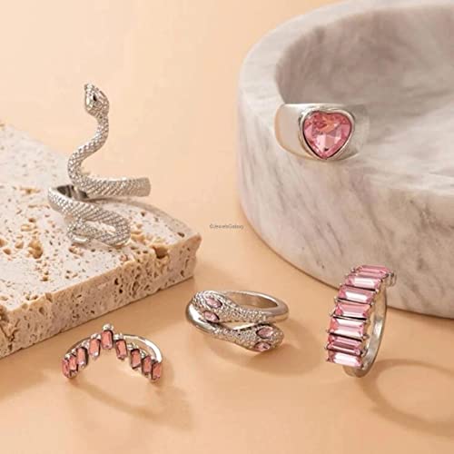 5-Piece Pink Stone Heart-Snake Stackable Rings Set